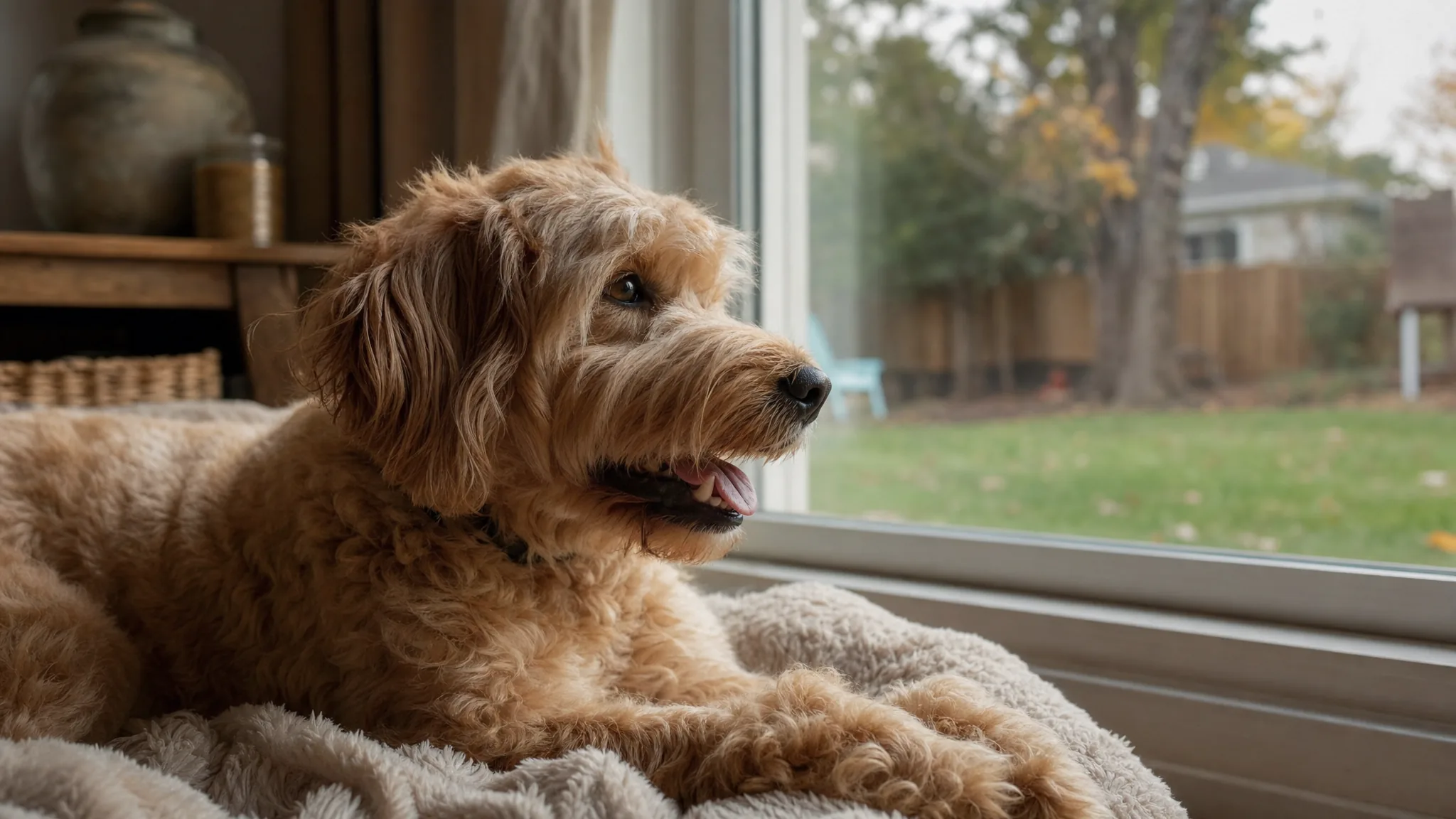 Dog settled safely inside by a window, looking out at the backyard during a Scoopie yard service visit